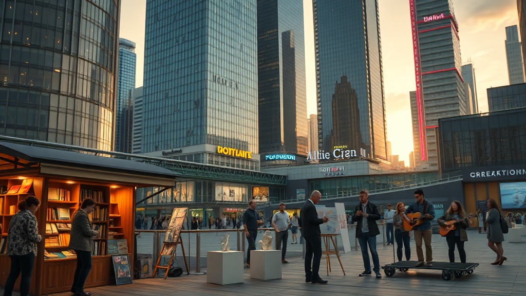 현대 도시 광장에 자리한 작은 독립 서점과 마이크로 갤러리, 시민들이 문화 활동을 즐기는 모습