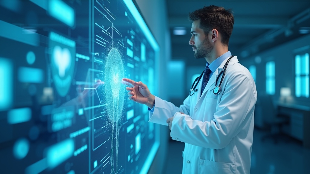 Un médico en una consulta de atención primaria utiliza una tablet con gráficos de IA para analizar el historial de un paciente, ilustrando la transformación del sistema sanitario.