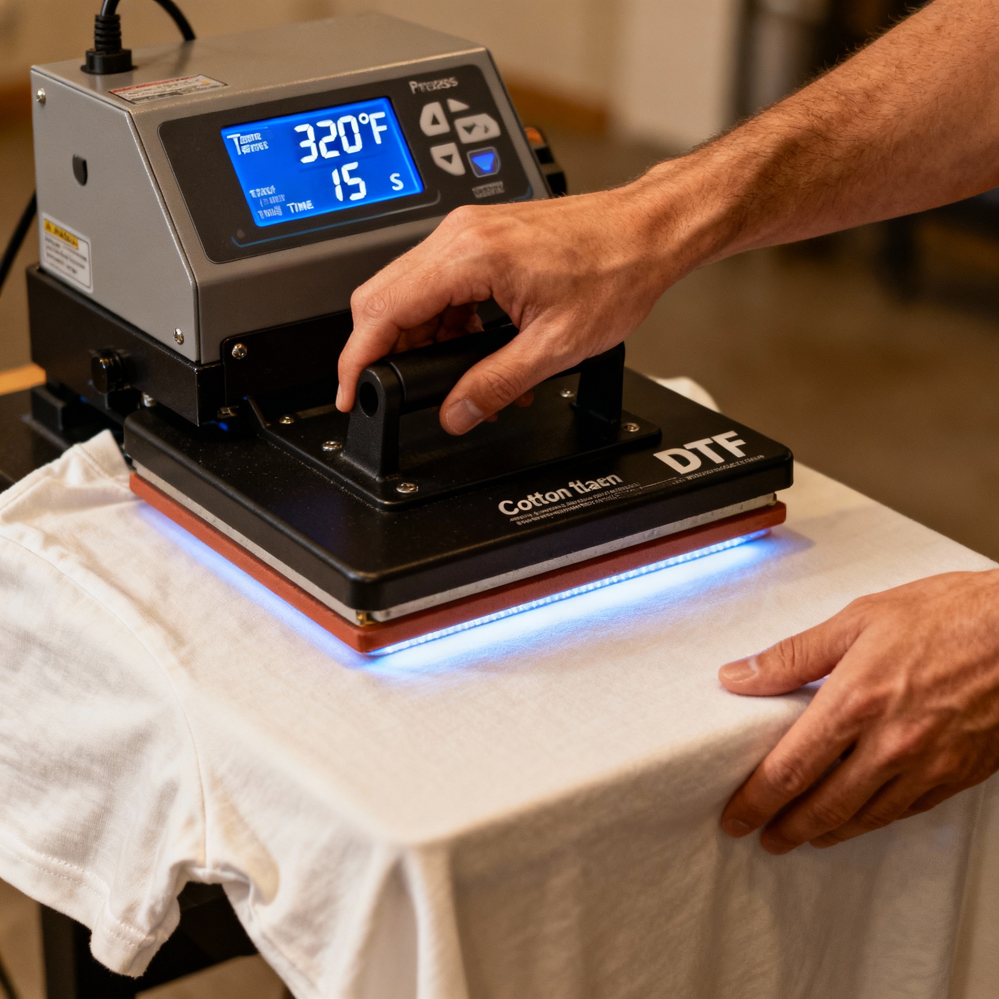 Photorealistic close-up of a person using a heat press with a bright DTF transfer being applied to a cotton tee, warm neut...