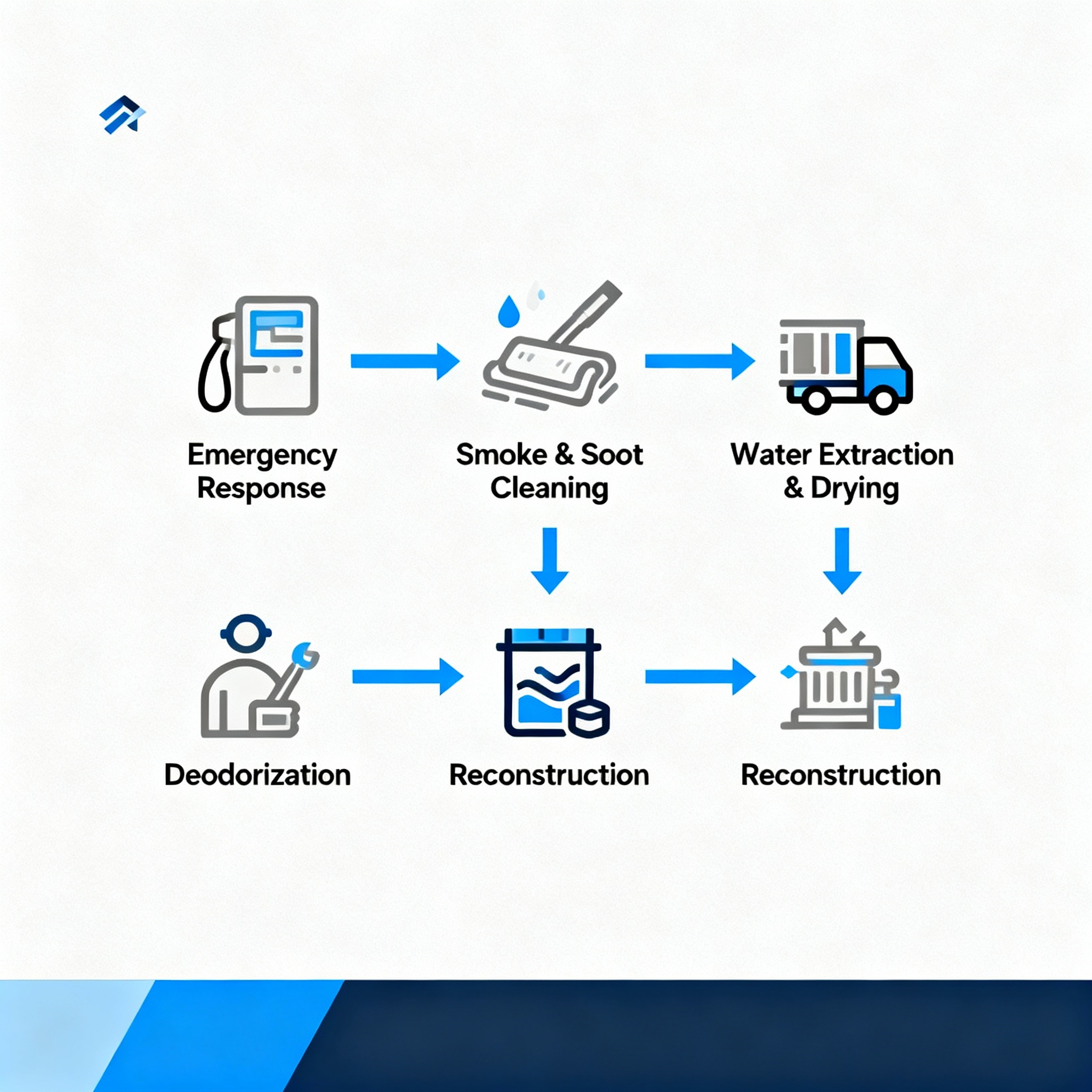 Infographic-style process diagram showing steps: Emergency Response, Smoke & Soot Cleaning, Water Extraction & Drying, Deo...
