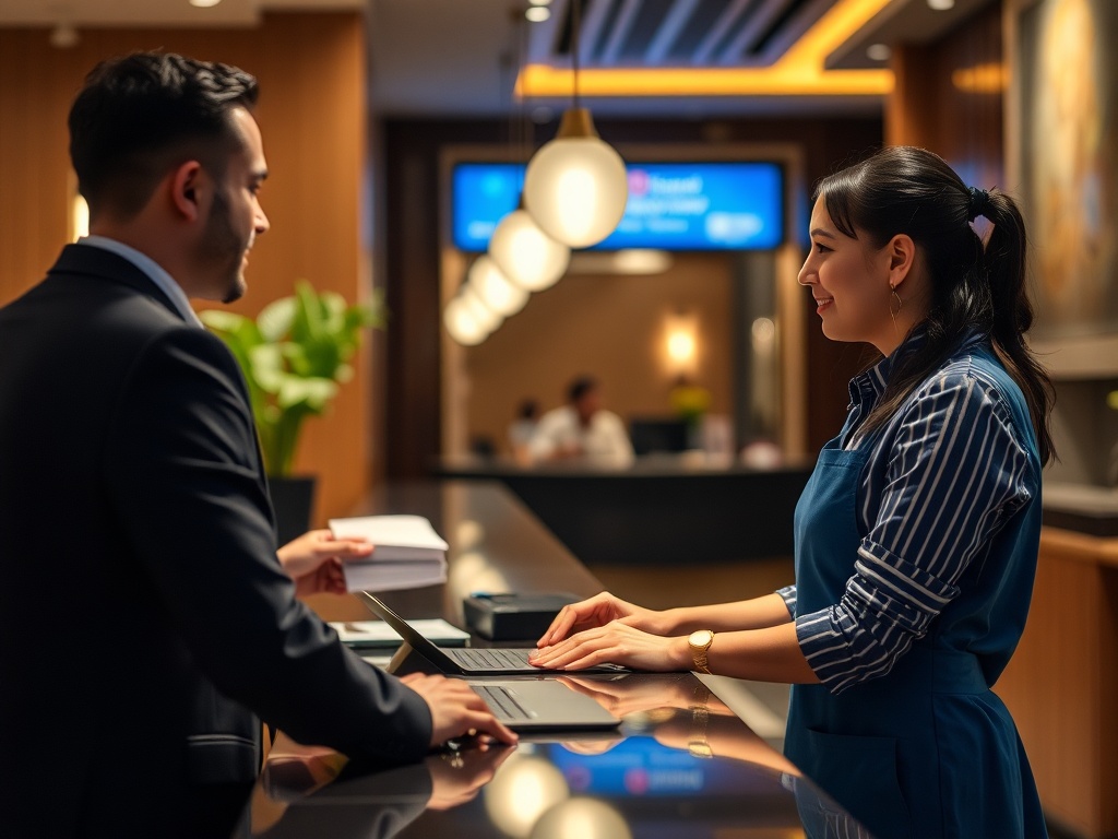 Night shift hotel receptionist providing professional check-in service demonstrating excellent customer care during late hours