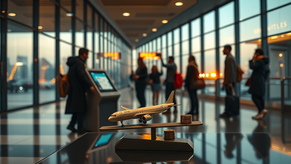 현대 공항 대합실의 인물들이 소규모 대화를 나누는 영화적 장면