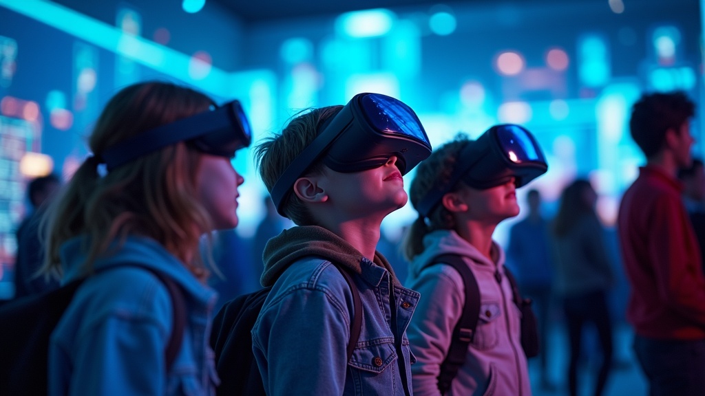 Una familia riendo mientras participan en una de las experiencias de realidad virtual para todas las edades en Virtua Barcelona.