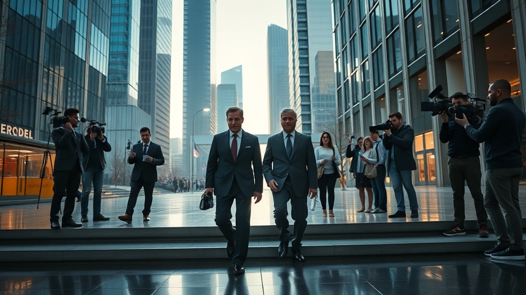 현대적 회의장과 외교적 움직임을 연상시키는 도시 광장 풍경의 영화적 사진