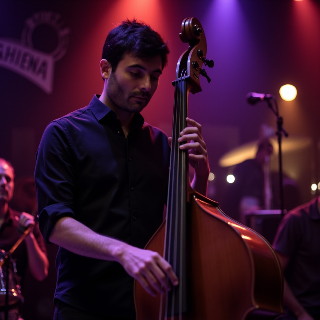 Close-up of a jazz bassist playing upright bass with dramatic lighting.