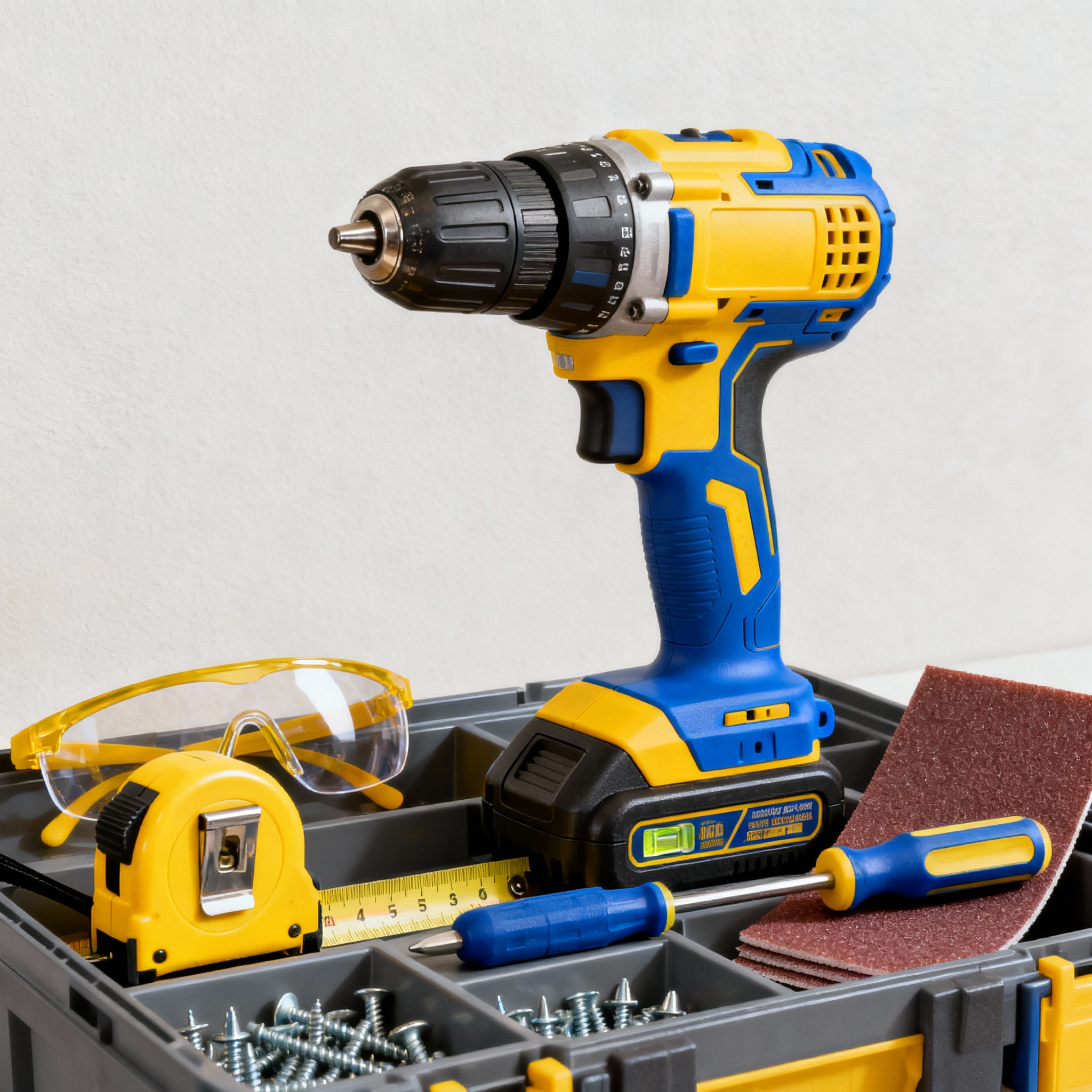 Close-up shot of a neatly organized DIY tool tray with a cordless drill, measuring tape, level, screwdriver, sandpaper, an...