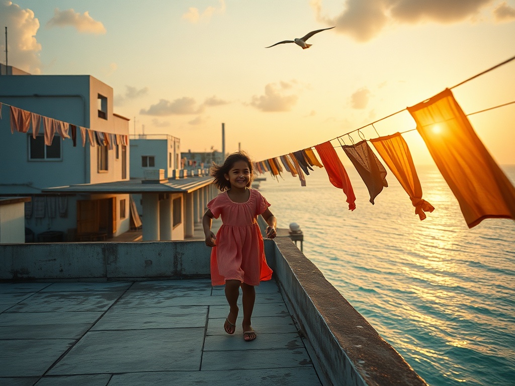 A Father Watches His Daughter Chase Pigeons Between Drying Laundry
