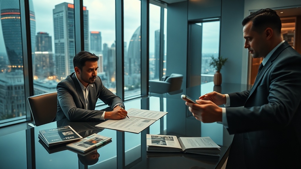 A cinematic, photorealistic movie-still that conveys the subtle tensions and ethical problems of modern real estate brokerage, set in a 2025 urban environment. Interior of a sleek, minimalist sales office with floor-to-ceiling glass revealing a skyline of glass-and-steel skyscrapers, neon accents and soft city lights beyond. In the foreground, a contemporary couple sits at a polished table, mid-signature on a contract — their expressions are uneasy and thoughtful, natural skin tones, realistic microdetail on hands and faces. A sharply dressed broker stands nearby, half in shadow, his posture calm but ambiguous; subtly, a second figure in the scene receives a folded, nondescript wad of cash passed discreetly under the table, implying an off-record transaction without overt dramatization. On the table are glossy brochures and a smartphone showing blurred images; all documents and screens are deliberately unreadable and blurred so no text or logos are visible. Through an open doorway in the midground, a staged model apartment is visible — pristine at first glance, but a slightly ajar panel near the baseboard reveals damp or peeling material and exposed pipework, hinting at concealed defects and misrepresented condition. The lighting is cinematic: a mix of cool artificial neon reflections from the city and warm natural daylight filtering through the glass, producing soft directional shadows and subtle rim light on figures. Photographed with a filmic lens look (slight shallow depth of field, gentle bokeh from distant city lights), high-resolution textures (glass reflections, fabric weave, skin pores), natural color grading and fine film grain for realism. Composition in widescreen 16:9 with strong depth cues and balanced negative space, modern wardrobe and props that avoid cultural markers, and no visible text, signage, faces of identifiable individuals, or any logos — the image should read like a realistic movie still about mistrust, hidden defects, and opaque fees in contemporary urban real estate brokerage.