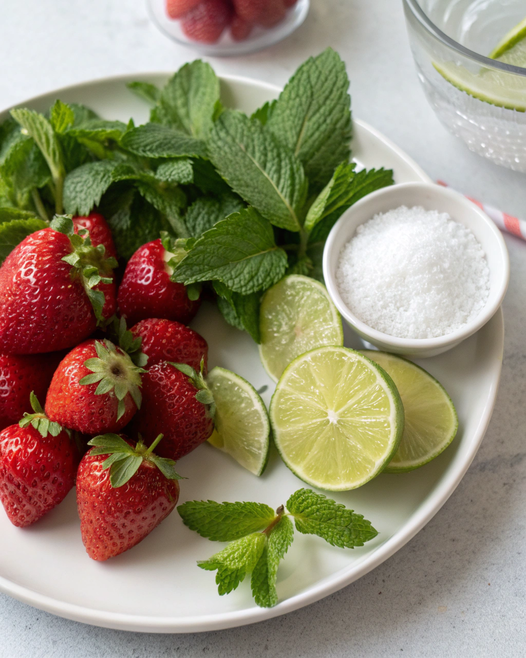 Easy Strawberry Mojito Mocktail ingredients laid out on clean white counter