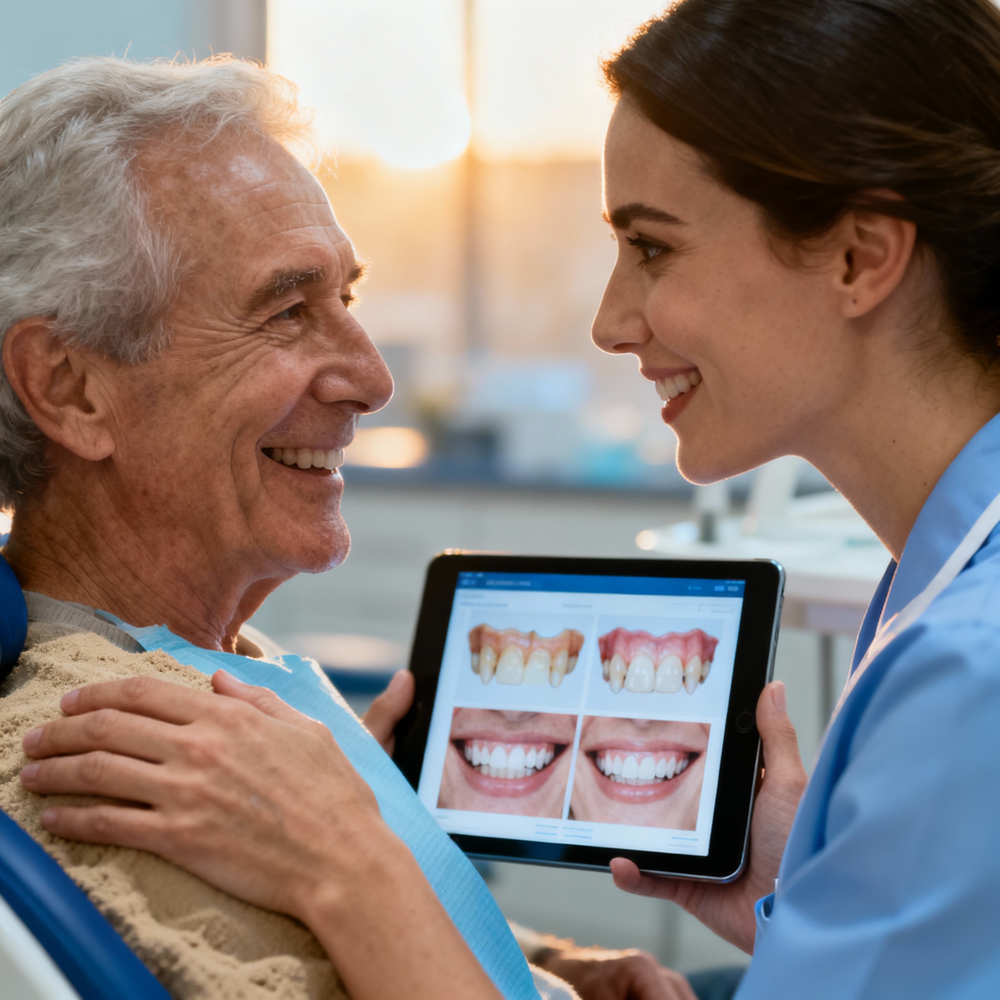 Warm, candid photo of a female dentist showing a smiling senior patient a before-and-after tooth restoration on a tablet. ...