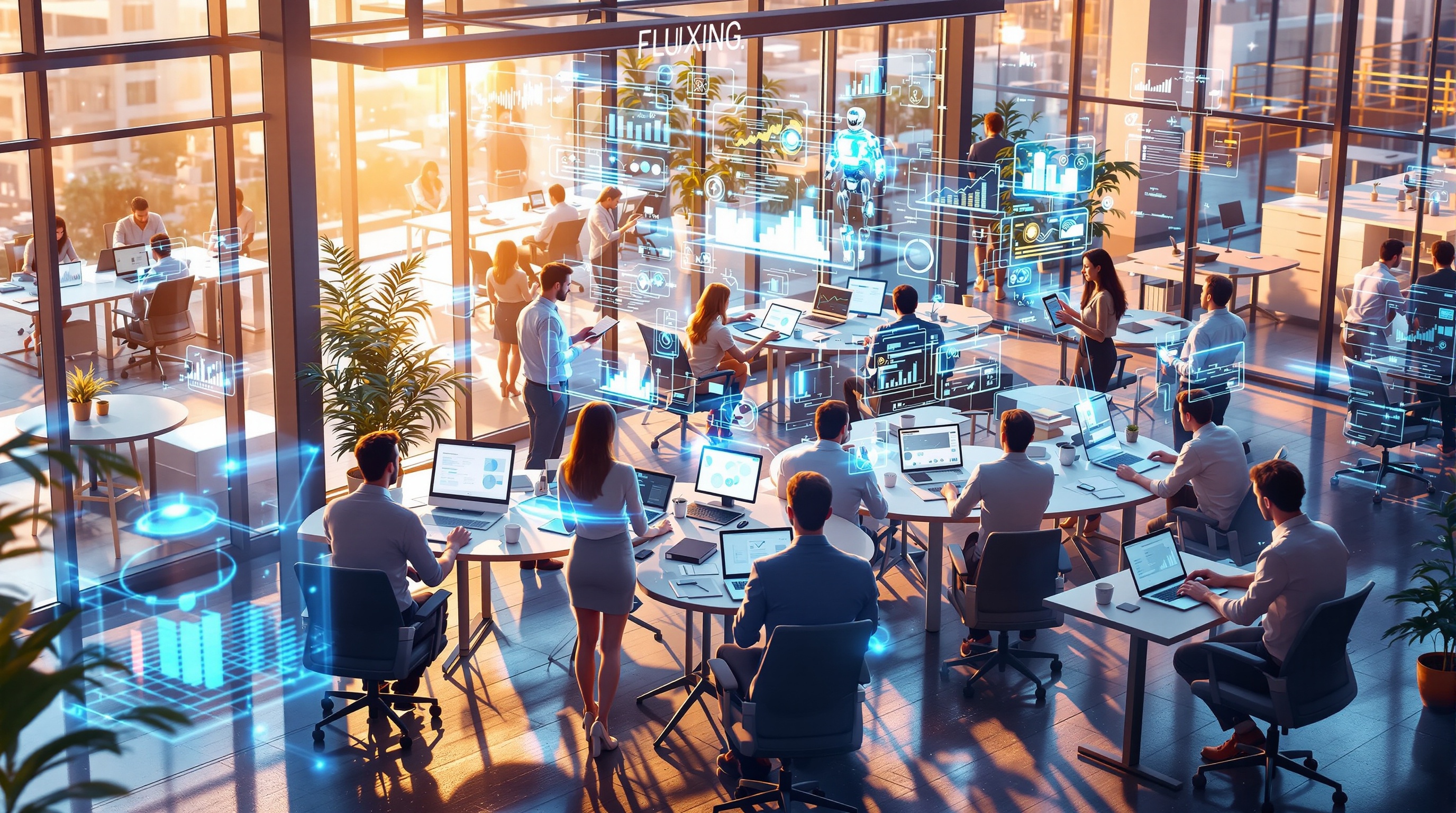 Modern open-plan office where human employees and AI assistants collaborate with holographic data and digital dashboards.