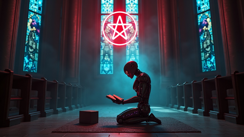 Ilustración conceptual de la inteligencia artificial vista como una entidad misteriosa y oscura, representando la idea de la IA y temores de posesión demoníaca.