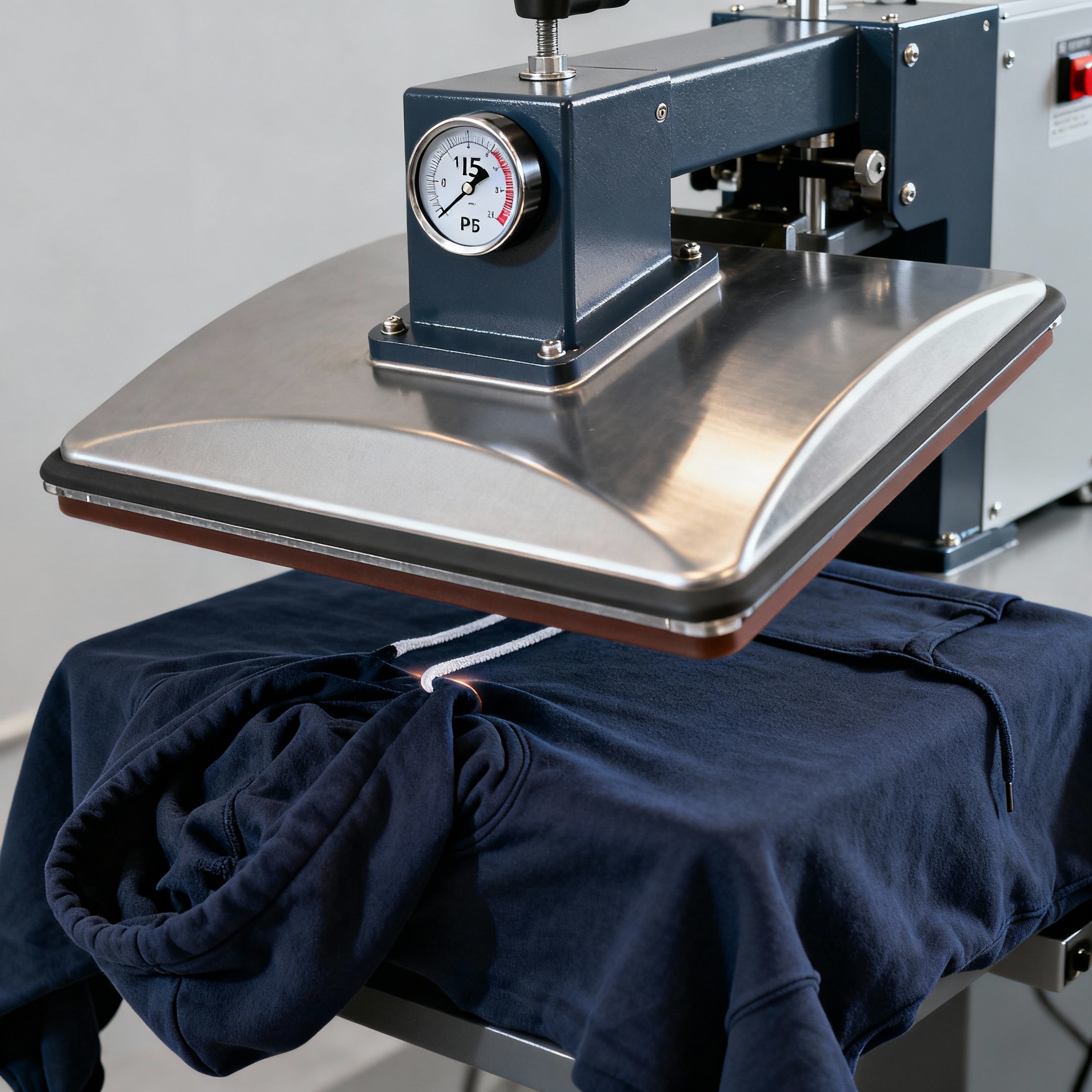Photorealistic close-up of a heat press platen lowering onto a hoodie with a visible pressure gauge, cool industrial light...