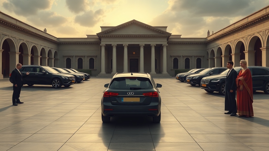 A contemplative, allegorical religious scene in the style of Leonardo da Vinci, set in an elegant courtyard before a grand event hall. Compose the scene as a balanced 16:9 landscape using geometric principles and atmospheric perspective. Center a modest, compact car parked near the hall entrance among larger, anonymous luxury vehicles in the distance; do not show any brand logos or identifying marks on any vehicle. Near the compact car, show a small group of formally dressed event attendants gesturing politely but firmly toward the exit, their postures and subtle facial expressions conveying exclusion and social bias. Beside the compact car, depict an anonymous driver — anatomically realistic, ethnically ambiguous, and non-identifiable — standing with calm dignity: a gentle, restrained expression of hurt and quiet resolve. Keep all faces and figures realistic with anatomically correct proportions and finely detailed, expressive features, yet avoid depicting any specific individual or recognizable identity. Use soft, subtle lighting and sfumato technique with gentle, hazy outlines that blend figures into the atmospheric background. Employ dramatic yet natural chiaroscuro to emphasize emotional tension: a focused, warm shaft of light gently illuminates the modest car and the standing figure, suggesting moral focus without any religious symbols. Render clothing and drapery with meticulous detail and texture, in a rich, earthy color palette—muted ochres, umbers, deep greens, and warm browns—creating an idealized, serene mood. Design an intricate architectural background of classical arches and stone steps, rendered with careful perspective and geometric balance, populated by indistinct, respectfully posed guests and vehicles in the mid- and far-ground to avoid a sense of nationality or era. Include subtle, everyday background objects (for example: a small unadorned potted plant near a stair, a discarded program page on the pavement) to hint at humility and the smallness overlooked by society, but do not include any symbols, icons, religious emblems, text, signage, logos, flags, or identifiable markings. Maintain high realism combined with idealized beauty, a contemplative atmosphere, and meticulous attention to facial emotion and compositional harmony suitable for a sermon illustration about social prejudice and the dignity of the excluded.