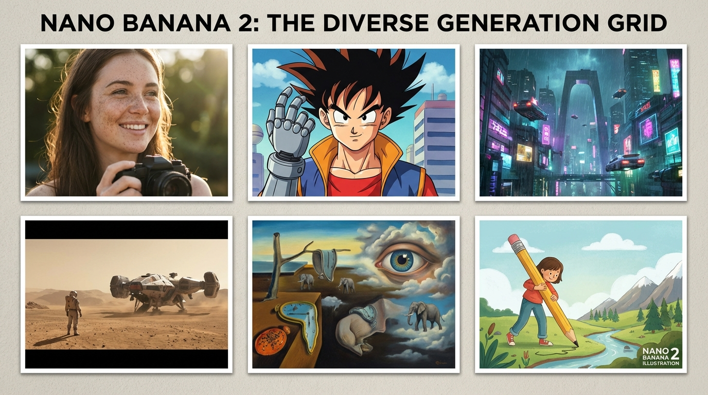Gallery of diverse AI-generated images using Nano Banana 2 in various styles