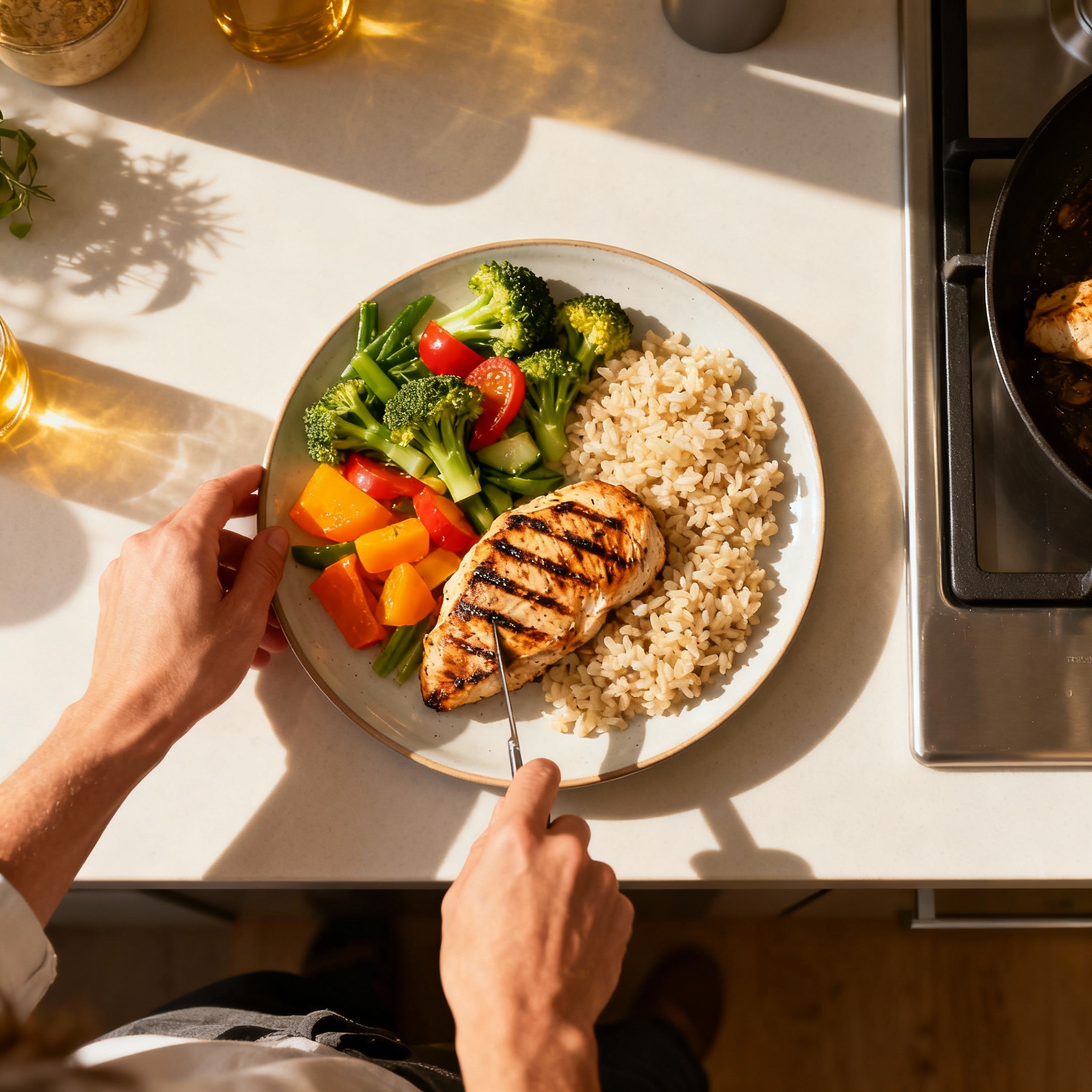 Photorealistic scene of a person preparing a balanced plate of food at midday, bright natural light, warm tones, close-up ...