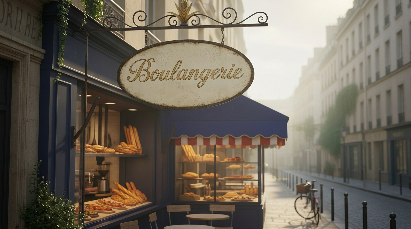 AI-generated bakery sign that reads 'Boulangerie', created by Nano Banana 2