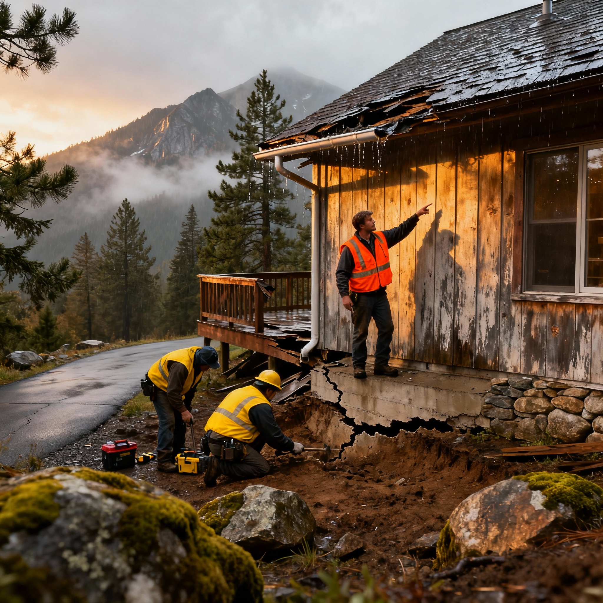 Wide-angle, photorealistic scene of a restoration crew inspecting a mountain home exterior after heavy rains, crew leader ...