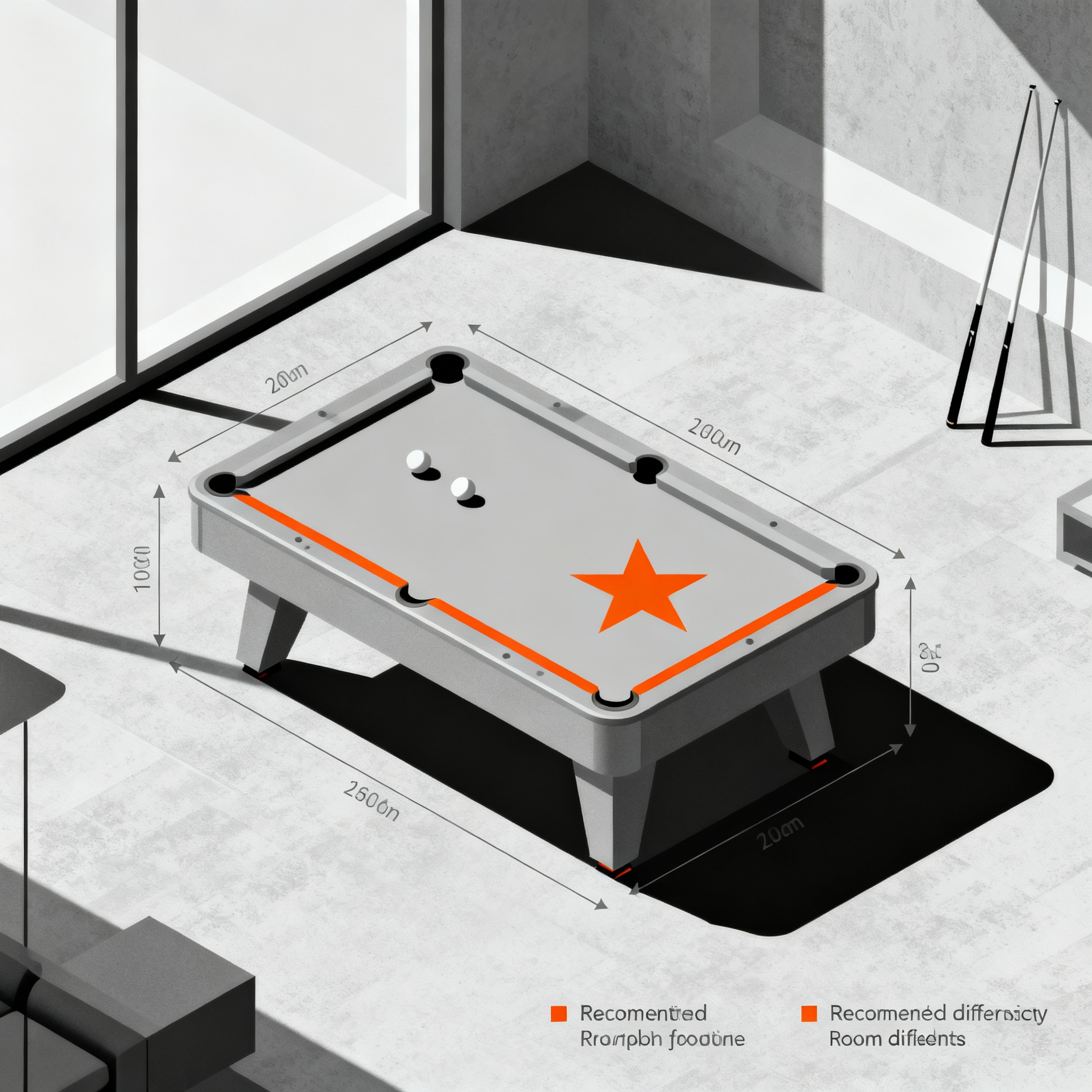 Isometric diagram style minimalist illustration showing cueing clearances, recommended room dimensions, and a modern pool ...