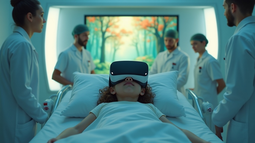 Niño con gafas de Realidad Virtual en un entorno hospitalario infantil, una experiencia calmante antes de una operación