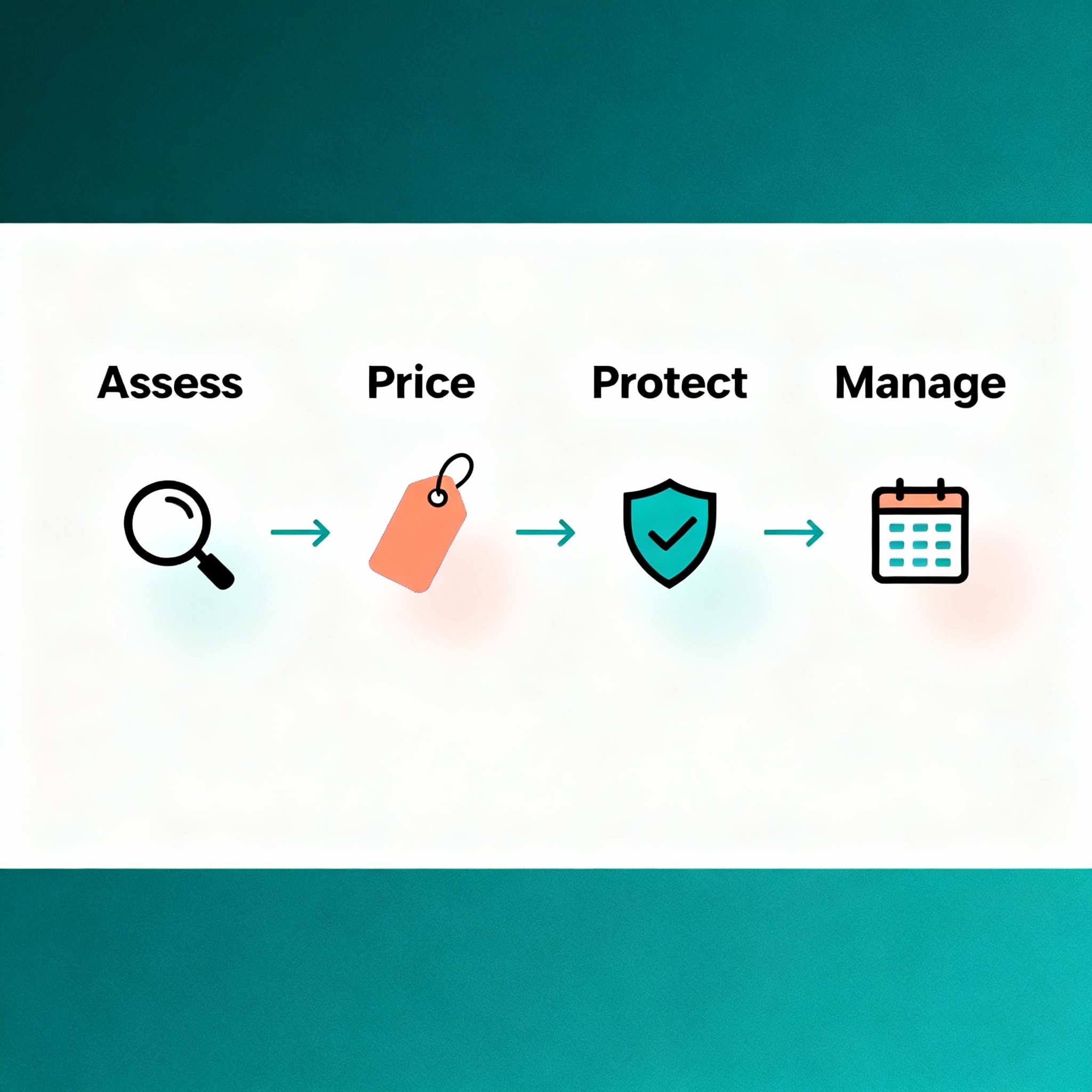 Minimalist infographic style diagram showing the landlord journey, four labeled steps: Assess, Price, Protect, Manage, cle...