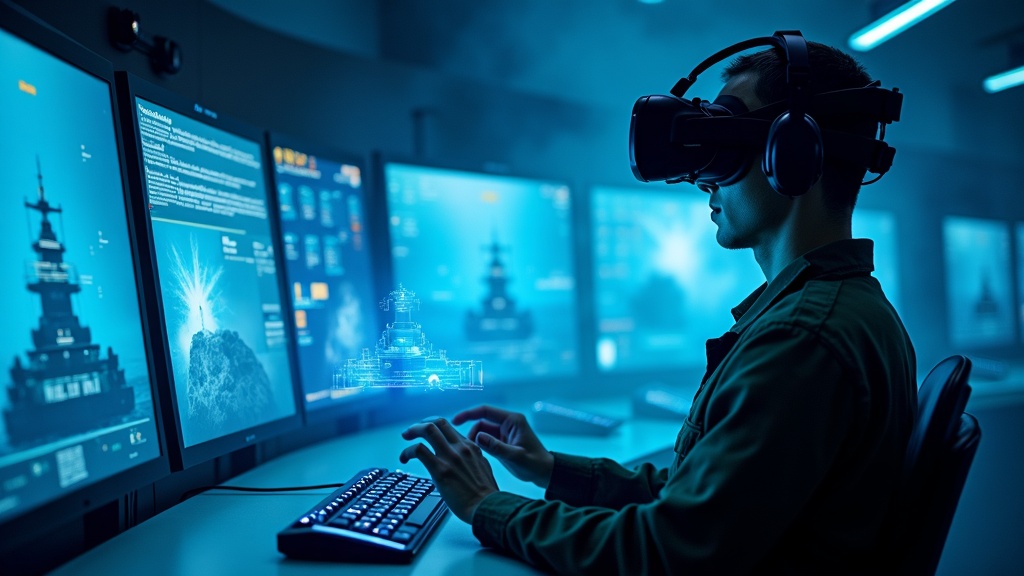 Interior del simulador VR de la Armada de Colombia con consolas de control 3D