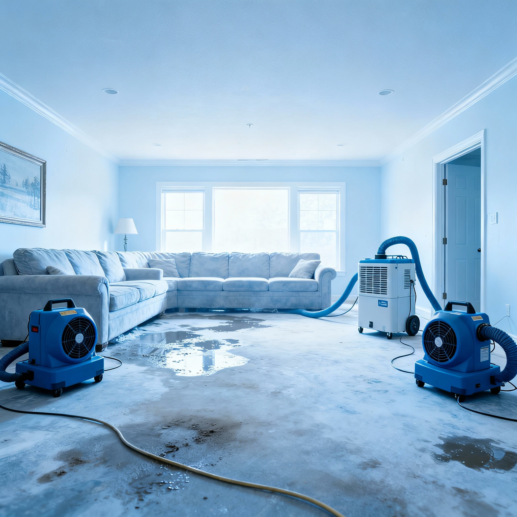 Wide-angle interior shot showing drying equipment in use, professional dehumidifiers and air movers operating in a living ...