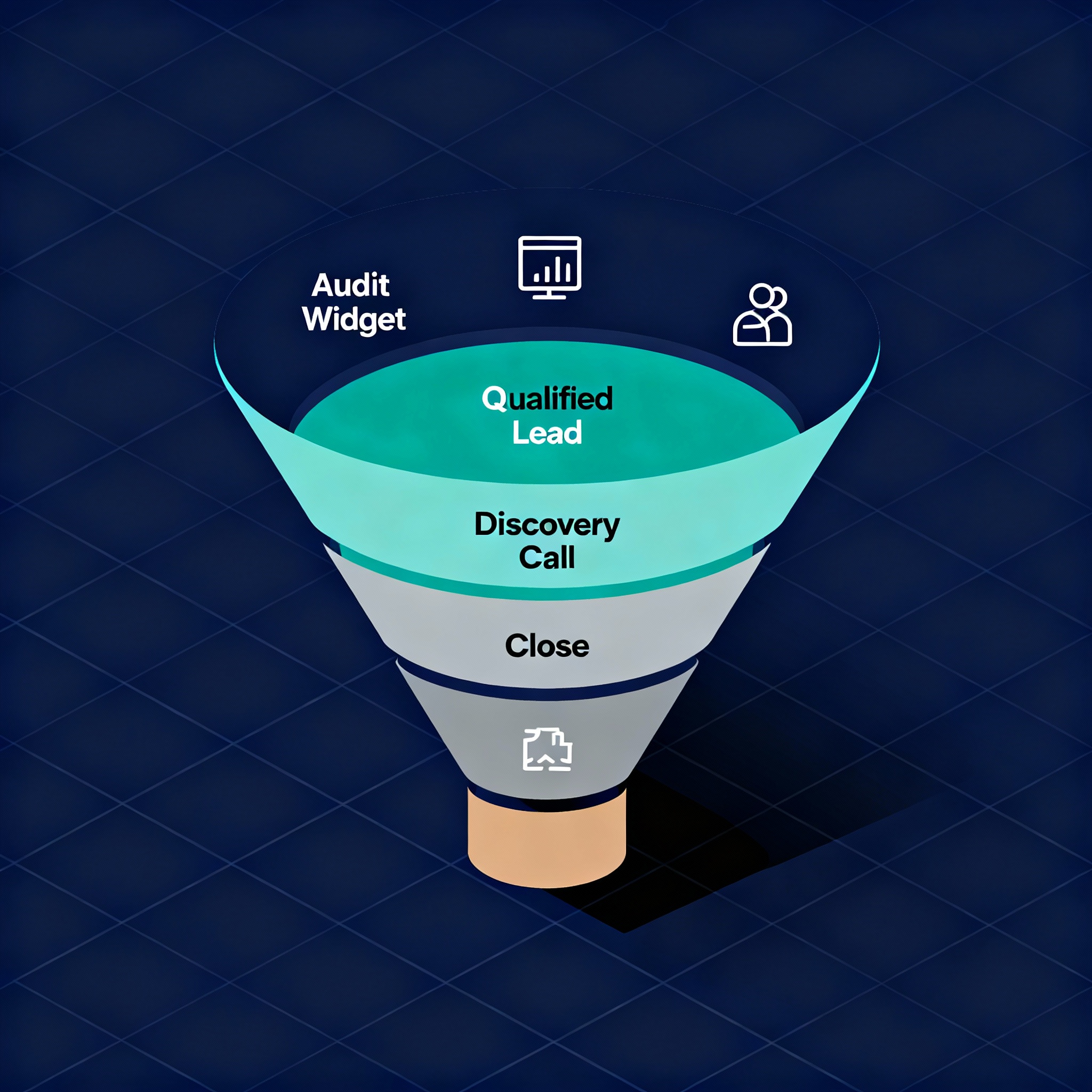 Minimalist isometric diagram of an agency sales funnel, labeled stages from Audit Widget to Qualified Lead to Discovery Ca...