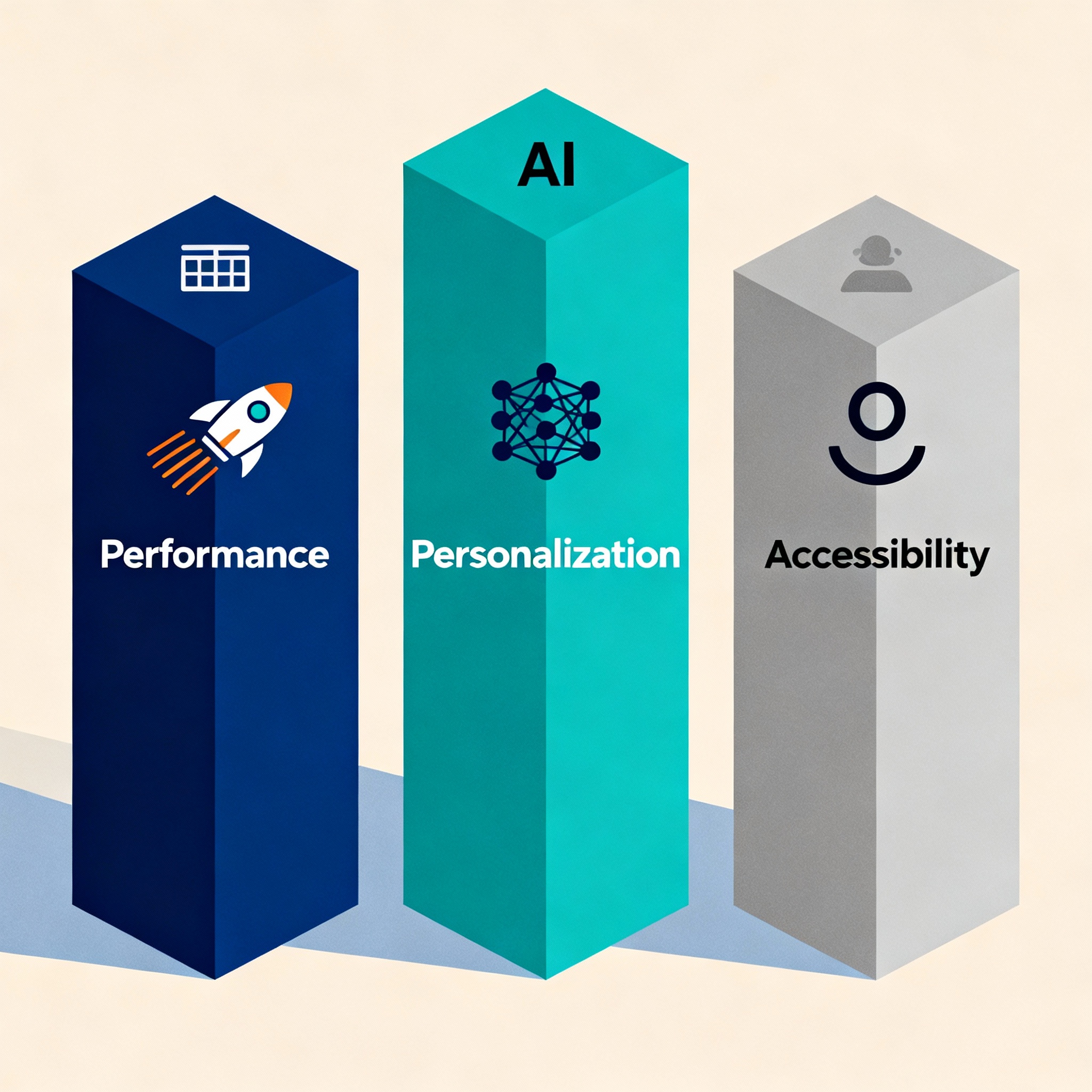 Isometric infographic style illustration of three trend pillars: Performance, Personalization, Accessibility. Clean minima...