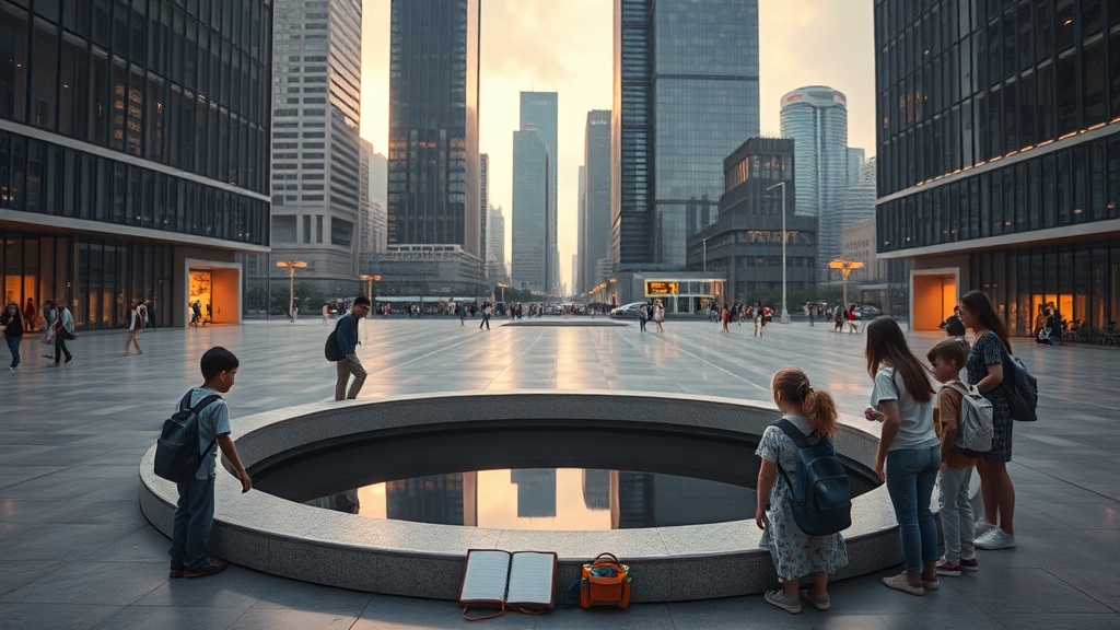 현대 도시 광장의 반사 풀을 둘러싸고 사람들이 모여 있는 영화적 장면