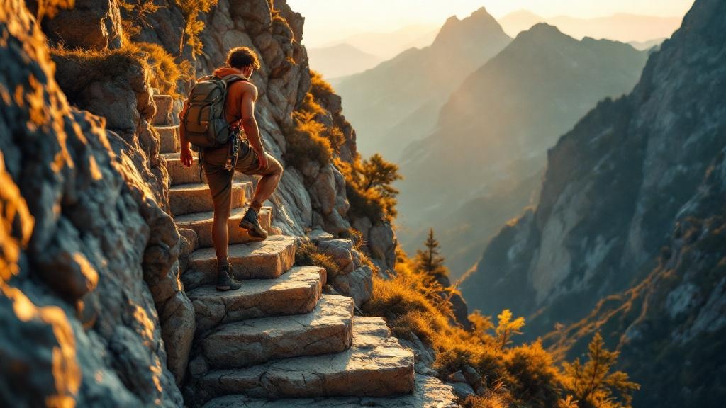 Person climbing mountain steps showing gradual progress upward
