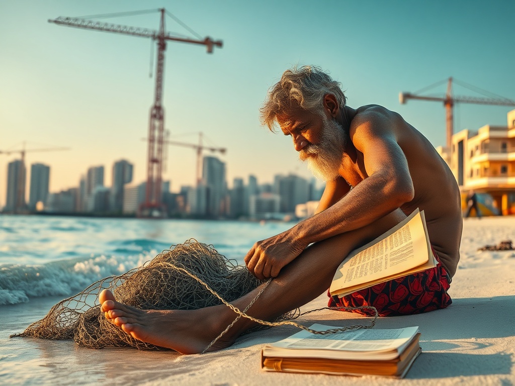 Fishermen Mend Nets as Cranes Reshape the Skyline