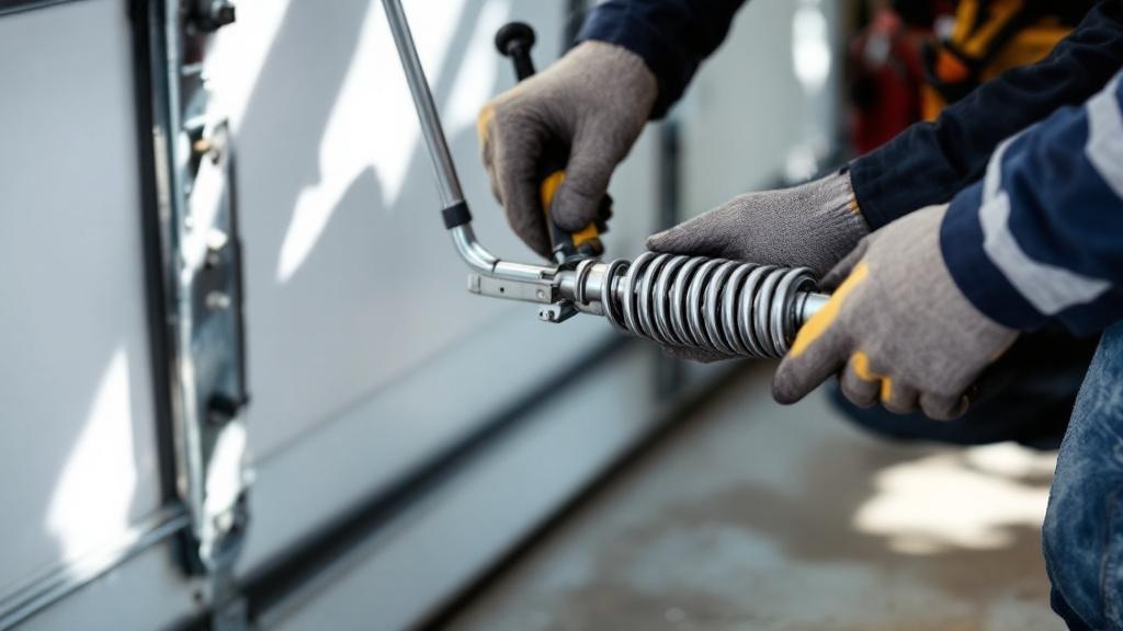 Technician adjusting garage door spring with winding bar