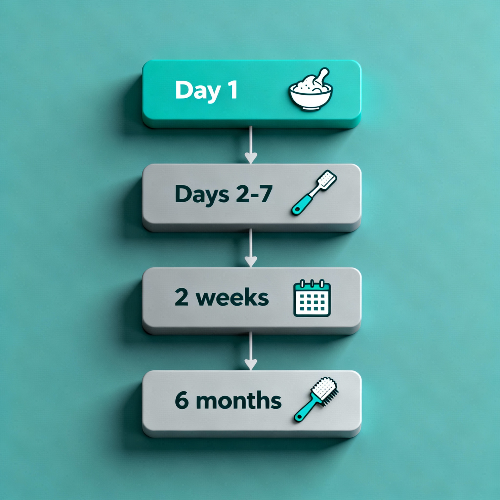 Minimalist infographic, isometric 3D style, showing timeline post-crown: Day 1 (soft foods), Days 2-7 (gentle hygiene), 2 ...