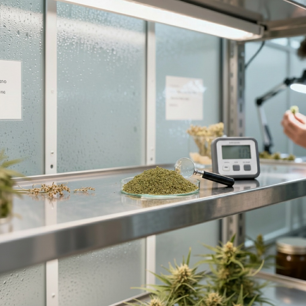 Scène ultraréaliste d'étagères de conservation montrant trim CBD dans une soucoupe, une loupe grossissante révélant les trichomes, un hygromètre non lisible et un technicien flou en arrière-plan.