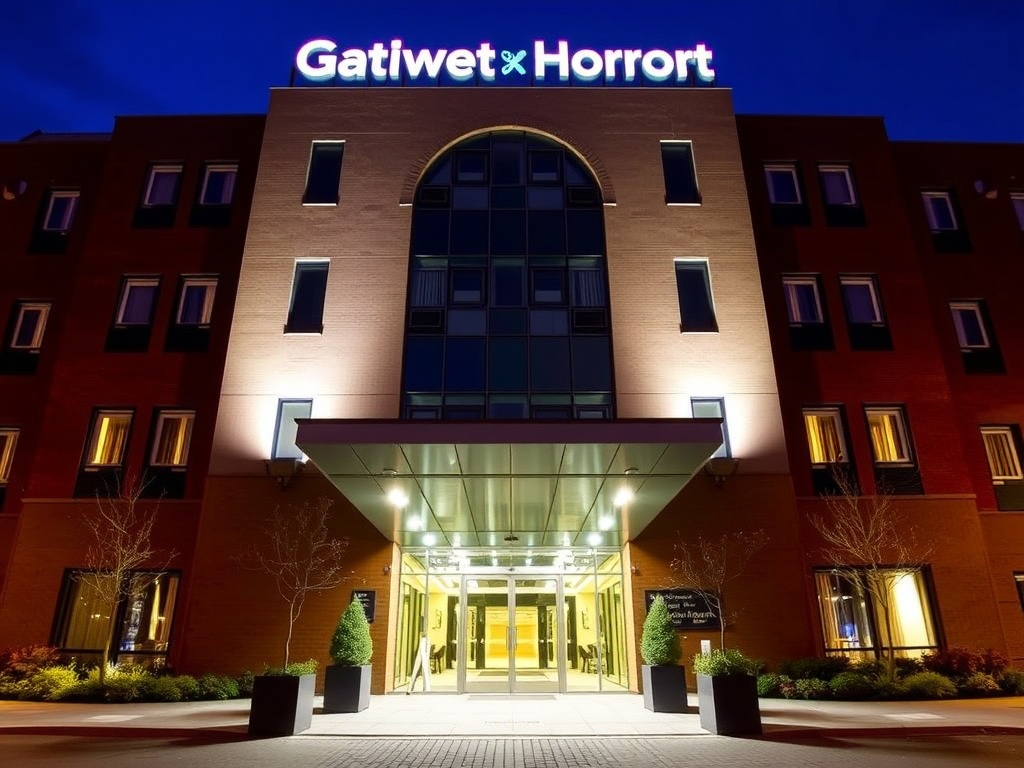 Modern Gatwick Airport hotel exterior illuminated at night showing professional hospitality venue near major transport hub