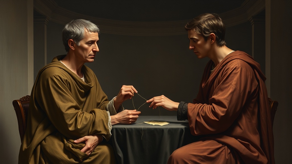 A religious, allegorical scene for a sermon illustrating marriage crisis and recovery, painted in the style of Leonardo da Vinci: soft, subtle sfumato lighting with gentle, hazy outlines that blend figures into a muted architectural background; balanced composition using geometric principles and a triangular arrangement of forms; dramatic chiaroscuro to emphasize faces and hands. Two central adult figures, presented with ethnically ambiguous, non-specific features and anatomically correct, idealized proportions, seated close across a low table in a quiet, timeless interior reminiscent of a classical chapel but stripped of any cultural or national markers. Their facial expressions are highly detailed and deeply expressive: one showing remorse and vulnerability, the other showing guarded sorrow gradually opening toward compassion, both conveying honest communication, repentance, and emerging trust. Hands are the emotional focal point: one figure gently offers a needle and thread to mend a torn piece of cloth lying between them, the other accepts, a natural, tactile act of repair and mutual work. Meticulous attention to clothing and drapery with rich, earthy color palette—warm umbers, siennas, soft ochres, deep greens—fine textures and subtle wear suggesting history. Intricate architectural background with soft arches, pilasters, coffered ceiling details, and a distant colonnaded courtyard visible through an open archway; atmospheric perspective creates depth and a soft, sunlit midground where a simple stone bridge spans a shallow garden ravine, presented as ordinary architecture suggesting reconciliation rather than any emblem. Quiet still-life details on a side table: a plain bowl of water, a small sprouting plant in a cracked clay pot, a neatly folded, mended tapestry piece, rendered as natural objects and subtle metaphors of nourishment, new life, and repair. Overall serene and contemplative mood, high level of realism combined with idealized beauty, gentle haze blending figures with background, dramatic yet tender light and shadow, meticulous painterly detail.