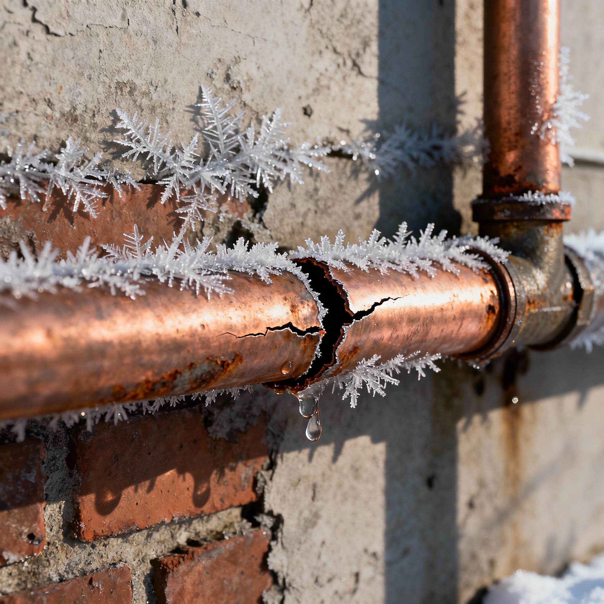 Close-up photo of a split copper pipe with frost around an exterior wall, photorealistic, moody winter lighting, high deta...