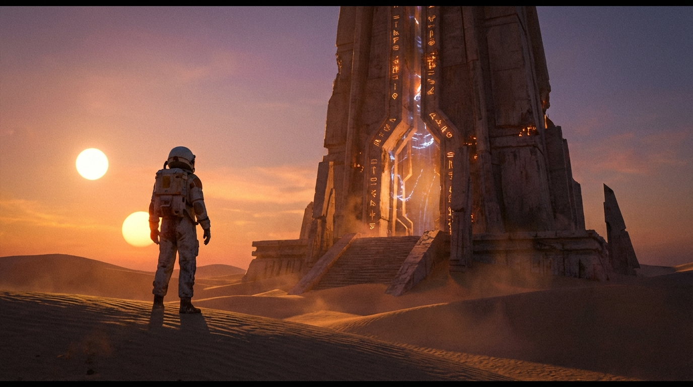 Cinematic sci-fi scene of an astronaut and alien structure, generated by Nano Banana 2