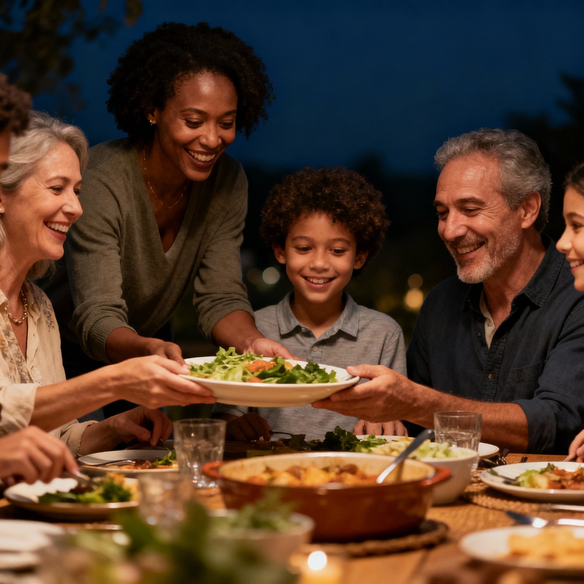 Warm, inviting family dinner scene at the table, candid photorealistic style, soft evening light, cozy and friendly mood, ...