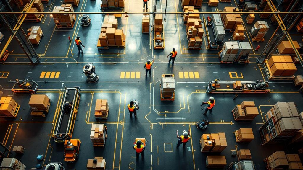 Aerial perspective of coordinated automated distribution center operations