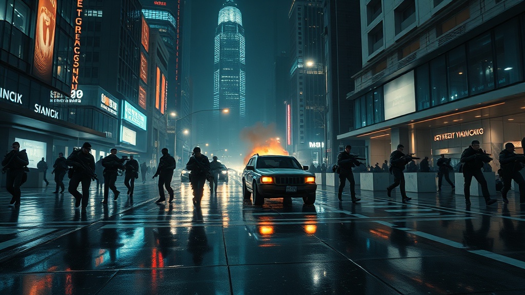 A cinematic, photorealistic movie-still set in a modern 2025 urban environment at night, composed in a wide 16:9 frame. The scene captures a tense, disciplined tactical withdrawal following a sudden nighttime assault. Place the action in a sleek city plaza surrounded by towering glass and steel skyscrapers, contemporary plazas and elevated walkways, with neon signage and urban lighting mixing with searchlights and flares. Foreground: a focused group of uniformed but non-specific personnel moving in an organized, deliberate formation along rain-slick reflective pavement, faces and gear anonymous and free of any national or organizational emblems. A calm, professional rearguard takes covered positions behind concrete barriers and unmarked vehicles, delivering controlled suppressive fire with brief muzzle flashes while medics attend to wounded on a stretcher; body language emphasizes discipline, coordination and purposeful retreat rather than panic. Midground: a smoldering, unbranded urban vehicle and low columns of smoke drifting through volumetric fog and airborne particles, scattered equipment and discarded packs hint at recent contact while maintaining anonymity. Distant threat is suggested only by shadowy silhouettes and movement in the haze, avoiding any identifying details. Background: dramatic reflections on high-rise glass facades, neon and LED accents, and a mix of natural moonlight with warm flare illumination, creating realistic highlights and deep cinematic shadows. Use a movie camera lens perspective with slight low angle and cinematic depth of field, sharp foreground detail and soft background bokeh, accurate skin tones and lifelike textures, high-resolution materials on fabric, metal and wet pavement, and subtle film grain for mood. Color palette leans toward desaturated night tones with warm orange highlights from flares and cool blue neon accents, balanced to keep the image feeling modern and plausible. The overall atmosphere should feel like a high-quality motion picture still, conveying the strategic wisdom of an orderly retreat, tension, resilience and human care without referencing any specific historical event, place, group, text, logo or identifiable symbol.