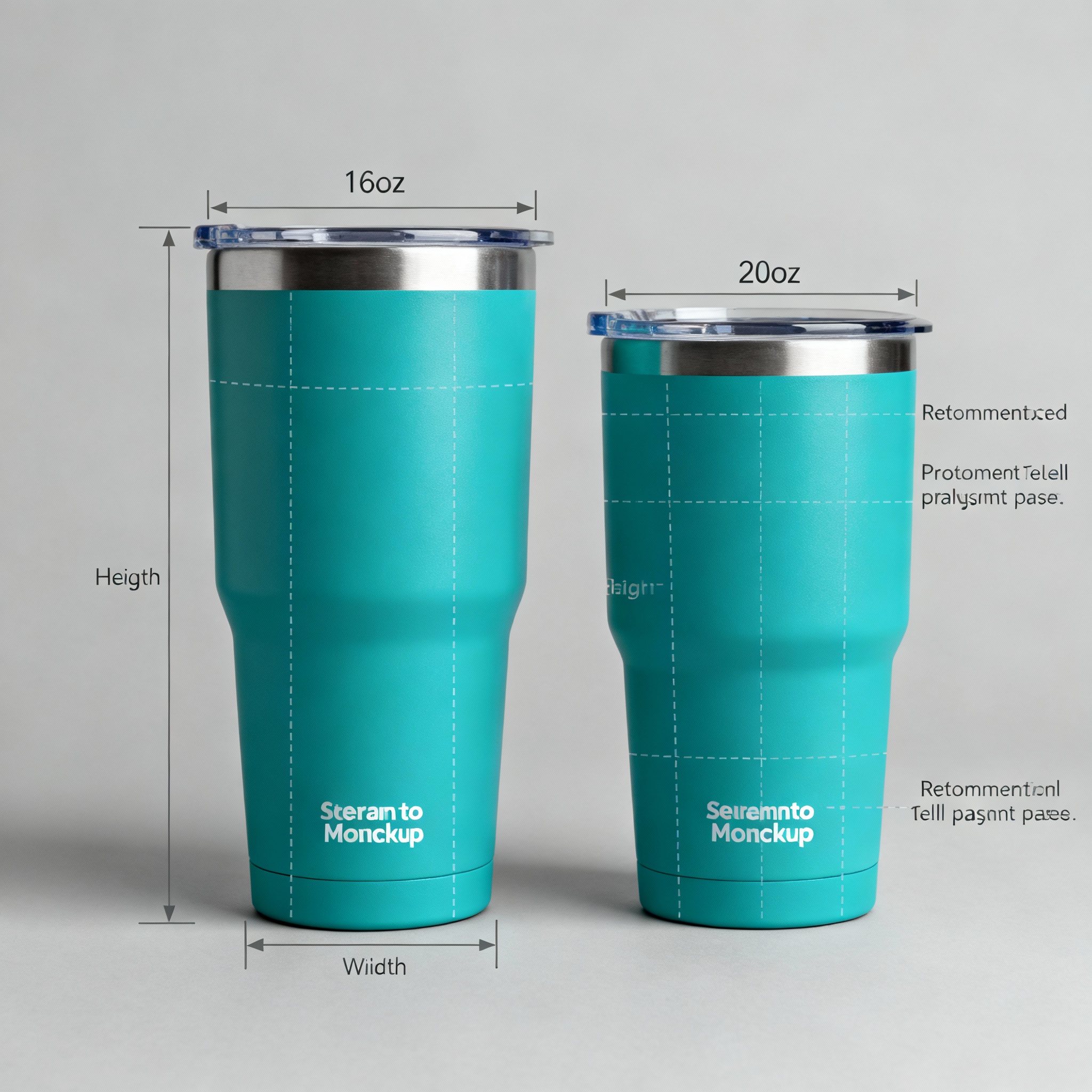 Photo-real mockup showing a 16oz and 20oz tumbler side-by-side with scale lines and recommended decal placements; style: c...