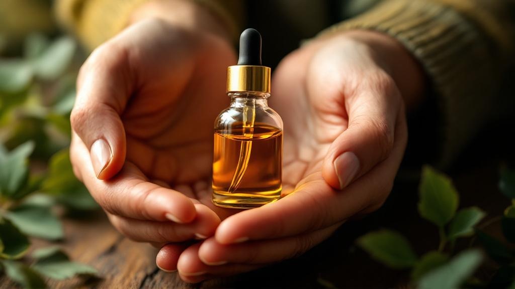 Person holding cannabis oil tincture bottle naturally
