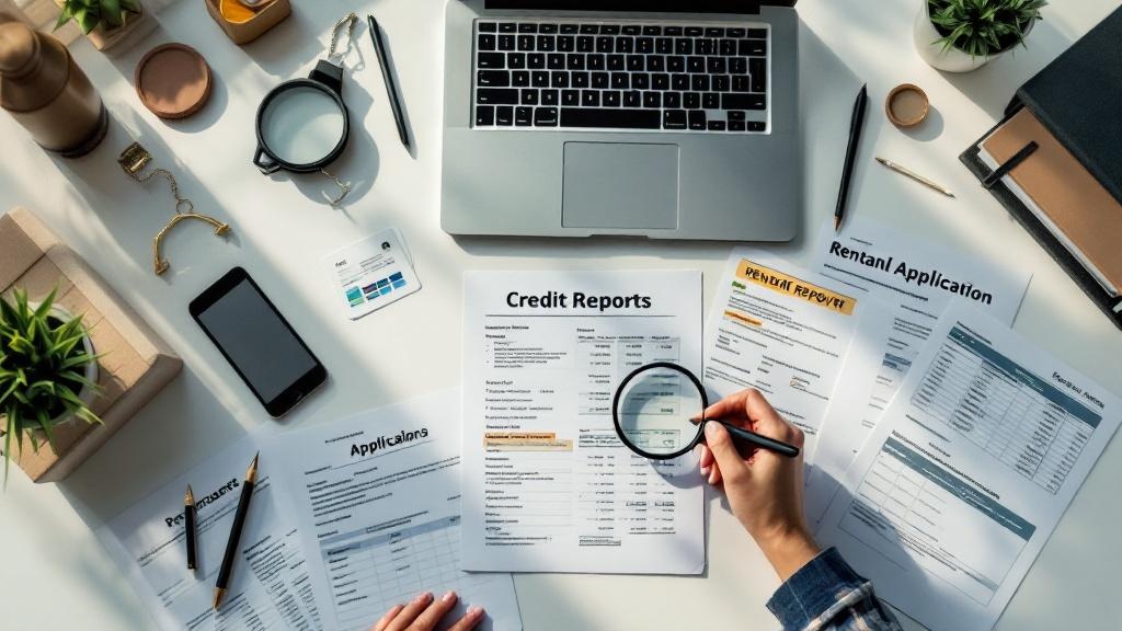 Comprehensive tenant screening documents and reports on desk