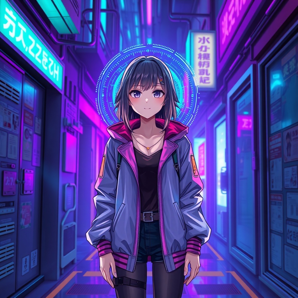 hacker girl in neon-lit alley, holographic ui, purple and teal lights, reflective jacket, cyberpunk illustration