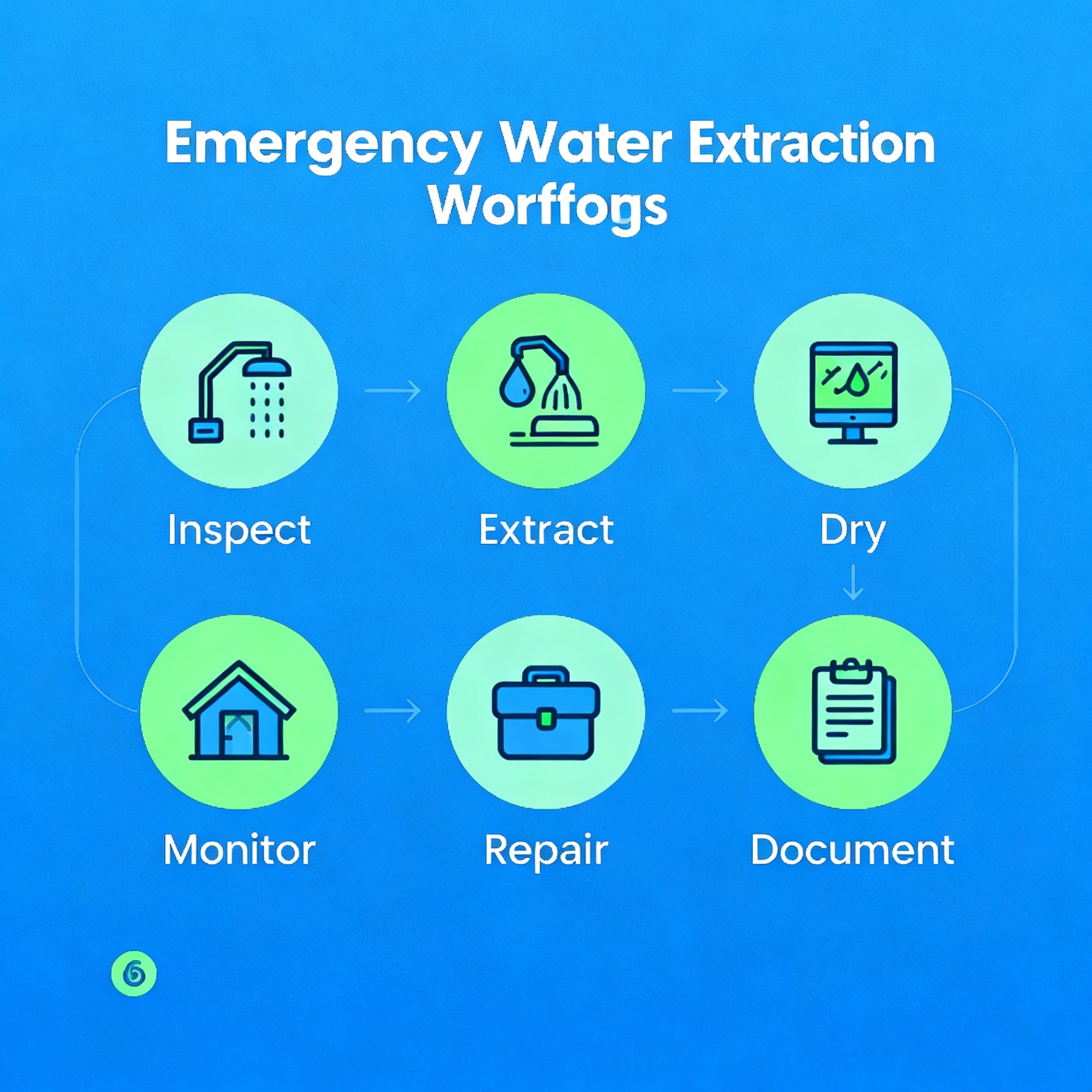 Clean infographic style diagram showing the 6-step emergency water extraction workflow, minimalist design, friendly and pr...