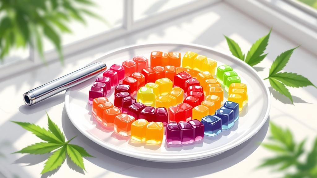 Colorful cannabis gummies and sleek vape pen display