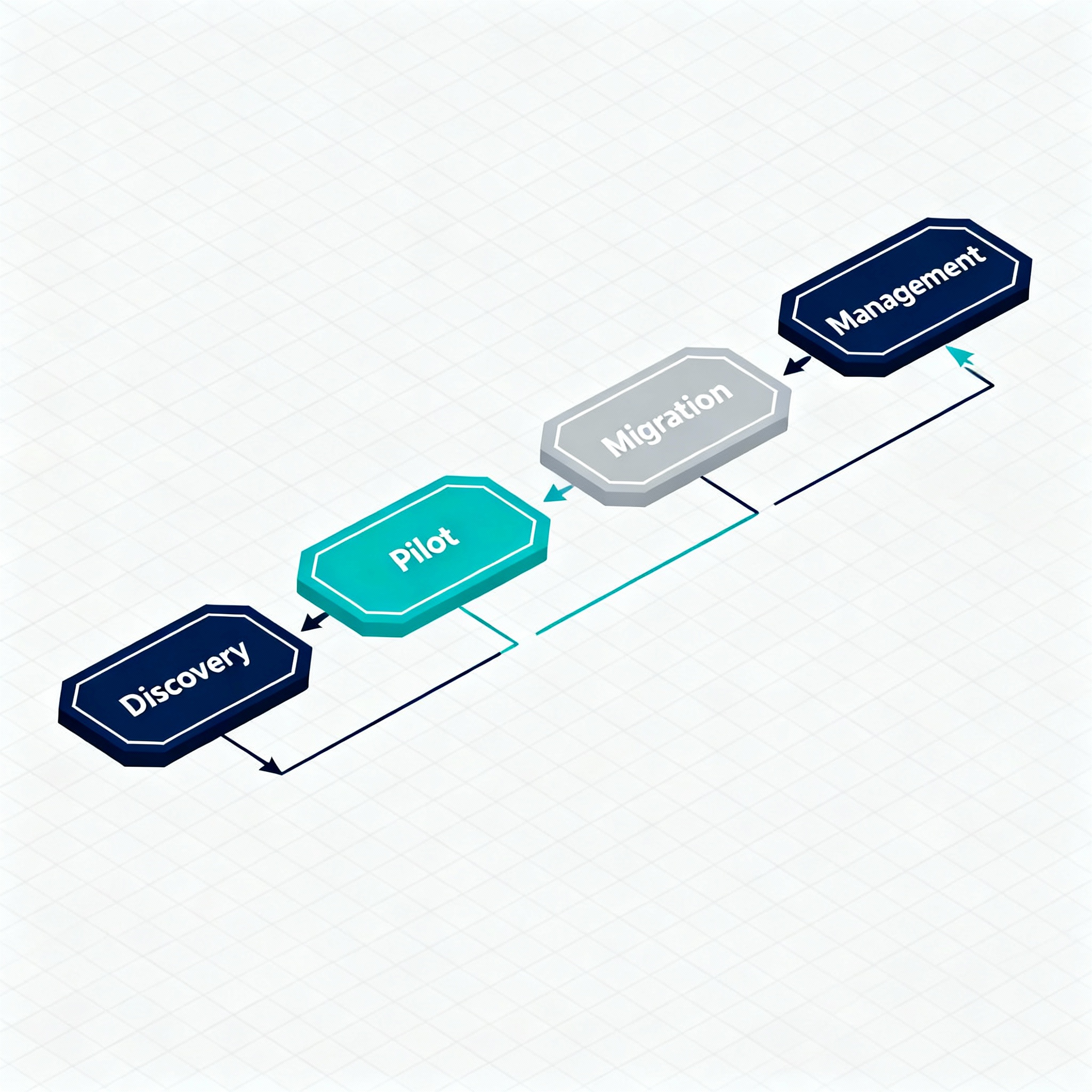 Simplified process diagram in flat isometric style showing steps: Discovery, Pilot, Migration, Management. Color palette o...