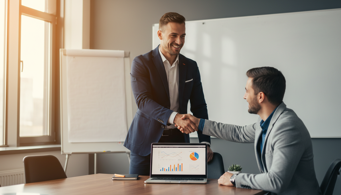 Two business professionals sharing a candid handshake in a cozy conference room with a laptop open to analytics dashboards, warm natural light and clean modern styling.
